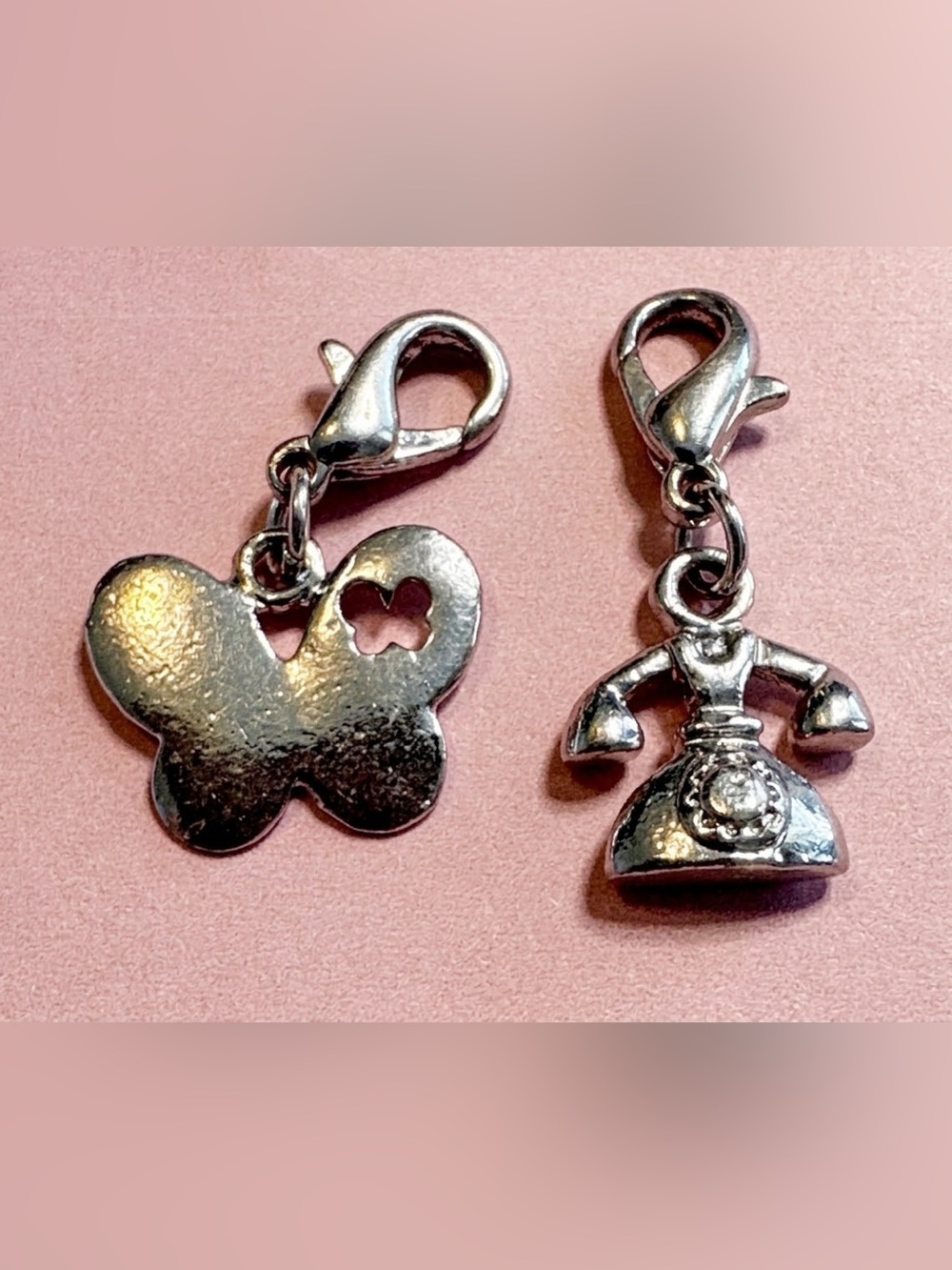 Vintage Silver Tone Clip-On Charms Bundle - Butterfly & Telephone